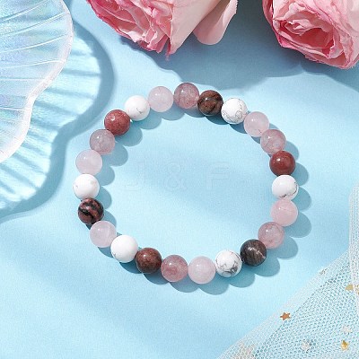 8.5mm Round Natural Rhodonite & Howlite & Strawberry Quartz & Rose Quartz Bead Stretch Bracelets for Women BJEW-JB10944-06-1