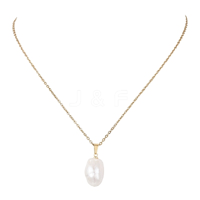 Natural Baroque Edison Keshi Pearl Oval Pendant 304 Stainless Steel Cable Chain Necklaces NJEW-JN05963-1