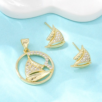 Brass Micro Pave Cubic Zirconia Pendant & Stud Earrings Sets for Women SJEW-F227-01B-G-1