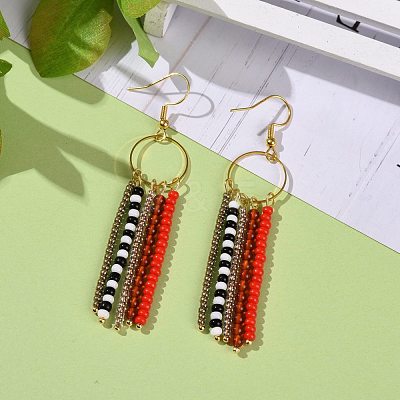 Natural Red Agate & Glass Seed Beaded Tassel Earrings EJEW-JE04805-1