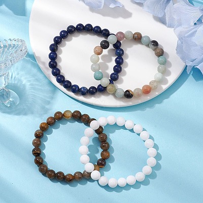 4Pcs Constellation 8mm Round Natural Lapis Lazuli & Malaysia Jade & Flower Amazonite & Yellow Tiger Eye Beaded Stretch Bracelets for Women BJEW-JB10638-1