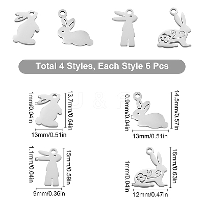 24Pcs 4 Style 201 Stainless Steel Bunny Charms STAS-SC0003-43-1