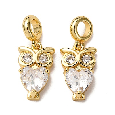Brass Pave Clear Cubic Zirconia Owl European Dangle Charms KK-A265-09A-G-1