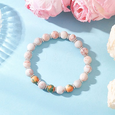 Frosted Natural & Synthetic Mixed Gemstone Round Beaded Stretch Bracelets for Women Men BJEW-JB12471-03-1