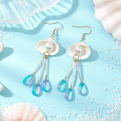 Glass & Natural Shell Dangle Earrings EJEW-MZ00384-1