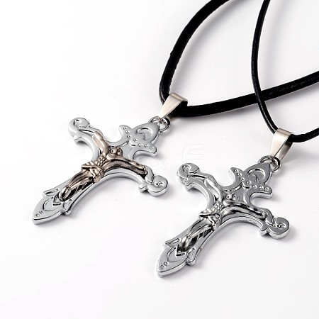 Couples Leather Alloy Cross Pendant Necklaces X-NJEW-L401-35-1