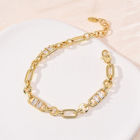 Ring & Paperclip Brass Micro Pave Cubic Zirconia Link Chain Bracelets for Women BJEW-D458-05G-02-1