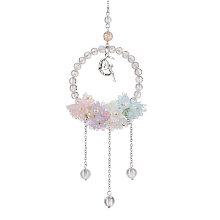 Natural Quartz Crystal Round Beaded Hanging Suncatchers HJEW-TA00290-1