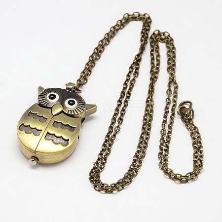 Antique Bronze Alloy Owl Design Openable Pendant Pocket Watch Necklaces with Iron Chains WACH-M011-02-1