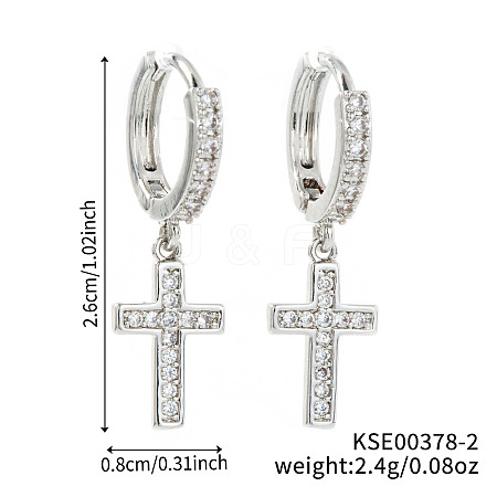 Shiny Brass Pave Cubic Zirconia Cross Hoop Earrings LO7750-2-1