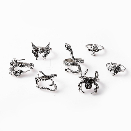 7Pcs 7 Style Skull & Snake & Butterfly & Mushroom & Claw Alloy Cuff Rings Set for Halloween HAWE-PW0001-240-1