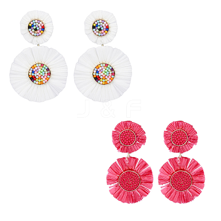 FIBLOOM 2 Pairs 2 Style Raffia Flower Dangle Stud Earrings EJEW-FI0003-23-1