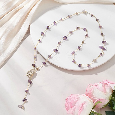 Natural Amethyst Chip Handmade Link Chain Necklaces NJEW-JN05811-01-1