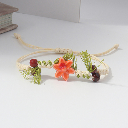 Adjustable Handmade Porcelain Flower Polyester Cord Braided Bead Bracelets for Women WG32CA4-01-1