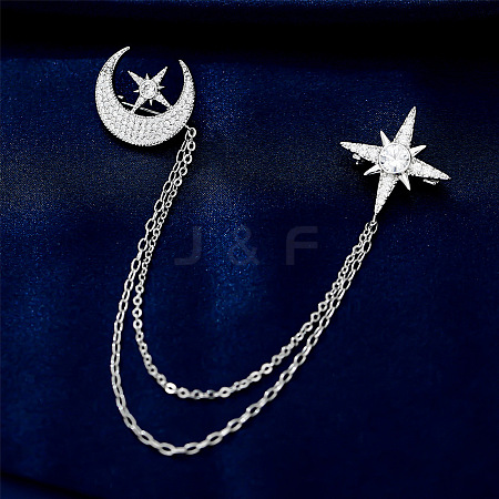 Cubic Zirconia Moon & Star Lapel Pin with Hanging Safety Chains MOST-PW0001-047B-1