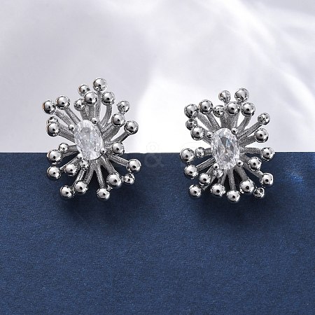 Flower Brass Clear Cubic Zirconia Stud Earrings EJEW-R025-22P-1