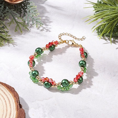 Christmas Glass & Baking Paint Pearlized Glass Pearl Round Beaded Bracelets for Women BJEW-JB12441-01-1