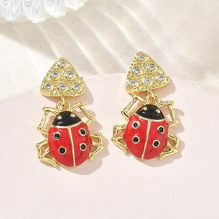 Ladybug Brass Micro Pave Cubic Zirconia Dangle Stud Earrings for Women EJEW-A167-17G-1