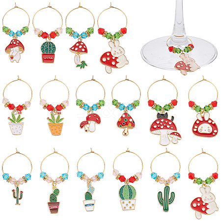 16Pcs 16 Styles Mushroom & Cactus Potted Alloy Enamel Wine Glass Charms AJEW-MA00001-1