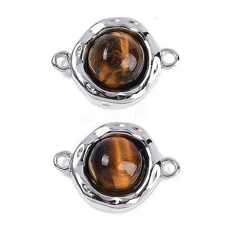 Brass Pave Natural Tiger Eye Flat Round Links Connector Charms KK-U043-45P-D-1