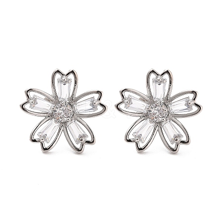 Rack Plating Flower Brass Micro Pave Clear Cubic Zirconia Stud Earrings EJEW-M029-01B-P-1