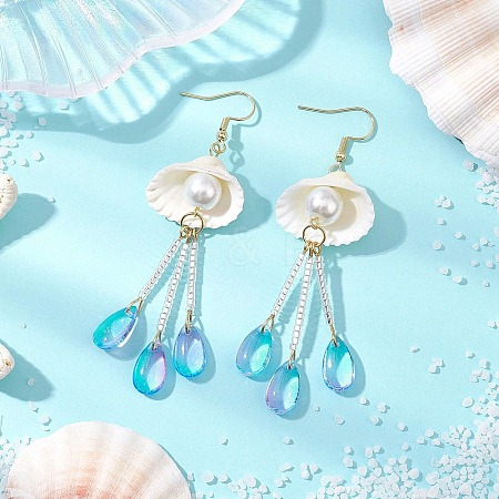 Glass & Natural Shell Dangle Earrings EJEW-MZ00384-1