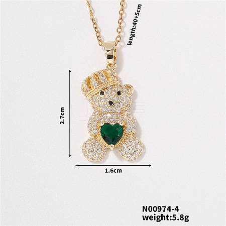 Brass Pave Clear Cubic Zirconia Cable Chain Bear Pendant Necklaces for Women NQ1992-4-1
