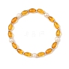 Oval Natural Baltic Amber & Natural Cultured Freshwater Pearl & Brass Beaded Stretch Bracelets for Women BJEW-JB14171-3