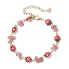 Natural Strawberry Quartz Chip Beads & Brass Enamel Link Chains Bracelets for Women BJEW-JB13149-2
