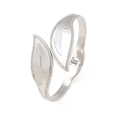 304 Stainless Steel Crystal Rhinestone Leaf Open Hinged Cuff Bangles for Women SA-CBA48C7-01P-1