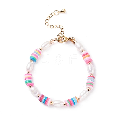 Natural Pearl & Polymer Clay Beaded Bracelet BJEW-TA00084-1