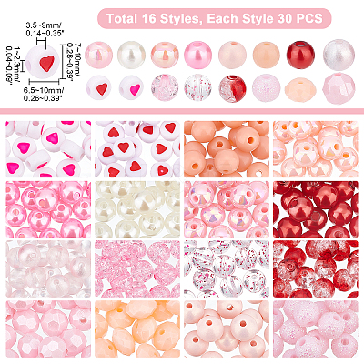 480Pcs 16 Style Transparent & Opaque & Spray Painted Acrylic Beads OACR-PH0001-93-1