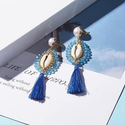 Beads Wire Wrap Long Dangle Stud Earring EJEW-TA00039-02-1