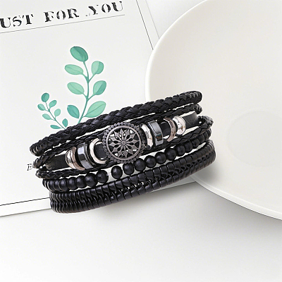 1Pc Cowhide & Imitation Leather Cord Knitted Multi-strand Bracelets AJEW-GF0011-50A-1