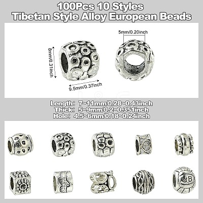 100Pcs 10 Styles Tibetan Style Alloy European Beads FIND-CJ0003-72-1