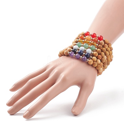 7Pcs 7 Style Natural Wood & Mixed Gemstone Round Beaded Stretch Bracelets Set BJEW-JB08813-1