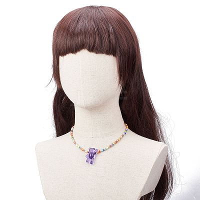 Acrylic Bear & Glass Seed Beaded Necklace for Women NJEW-JN03930-1