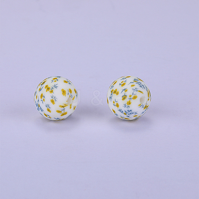 Printed Round with Flower Pattern Silicone Focal Beads SI-JX0056A-165-1