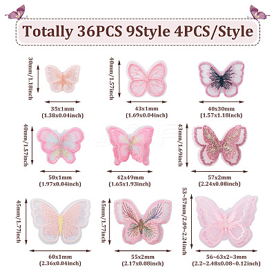 36Pcs 9 Style Butterfly Organgza Lace Embroidery Ornament Accessories DIY-BT0001-49-1
