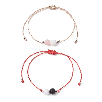 2Pcs Natural Rose Quartz & Eyeless Obsidian 
& Malaysia Jade Beads with Korean Waxed Polyester Cord Bracelets BJEW-JB12887-1
