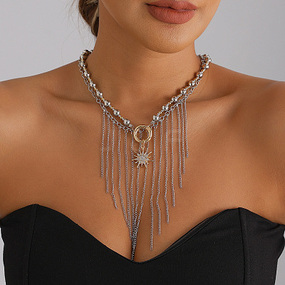 Two Tone Alloy Sun and Chain Tassel 2-Strand Bib Necklaces with CCB Plastic Beads for Women WG233F9-01-1