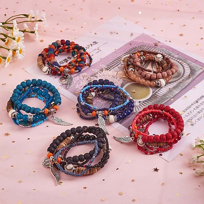 5Pcs 5 Style Wood & Glass Seed & Acrylic Beaded Stretch Bracelets Set with Baseball JB709B-1