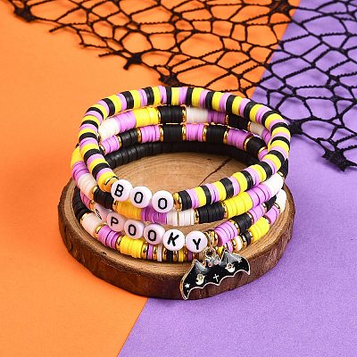 4Pcs 4 Style Polymer Clay Heishi Surfer Stretch Bracelets Set wtih Alloy Enamel Bat Charms BJEW-TA00253-1