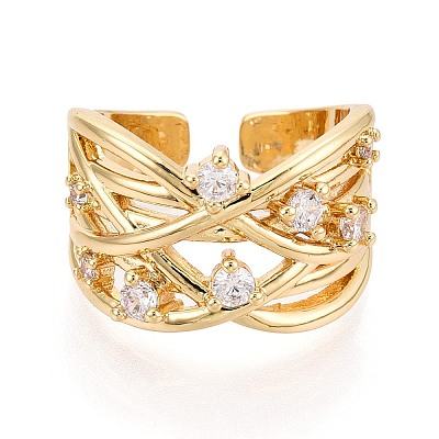 Brass Micro Pave Clear Cubic Zirconia Open Cuff Rings KK-T079-61G-1
