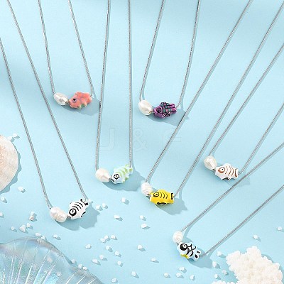 Handmade Porcelain Fish & Natural Cultured Freshwater Pearl Pendant 304 Stainless Steel Round Snake Chain Necklaces for Women NJEW-JN06398-1