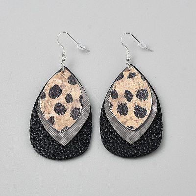 Leather Leopard Print Teardrop Dangle Earrings EJEW-WH0817-005A-1