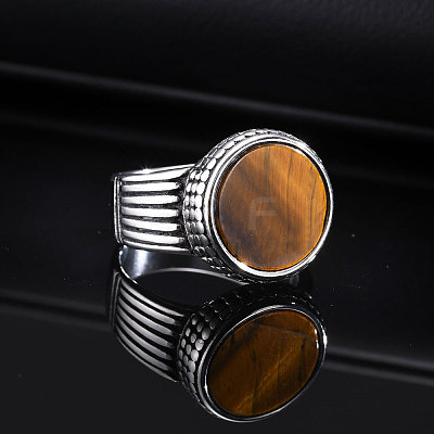 304 Stainless Steel with Natural Tiger Eye Finger Rings for Men FS-WGE1297-02-1
