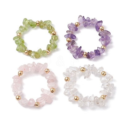 Natural Mixed Gemstone Chips Beaded Stretch Ring RJEW-JR00646-1
