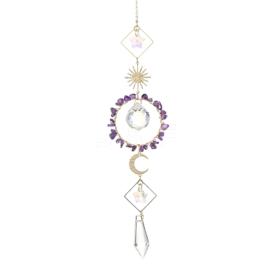 Sun Moon Ring Brass & Natural Amethyst Chip Suncatcher HJEW-JM05027-04-1