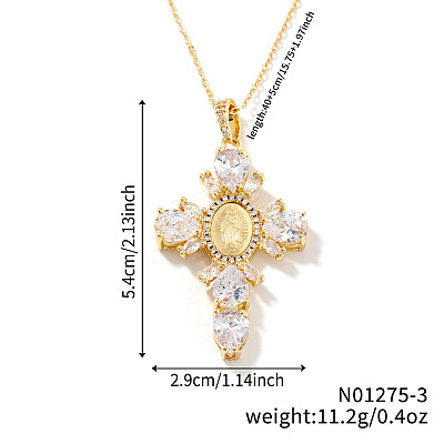 Brass Pave Cubic Zirconia Virgin Mary Cross Pendant Necklaces FU1040-3-1